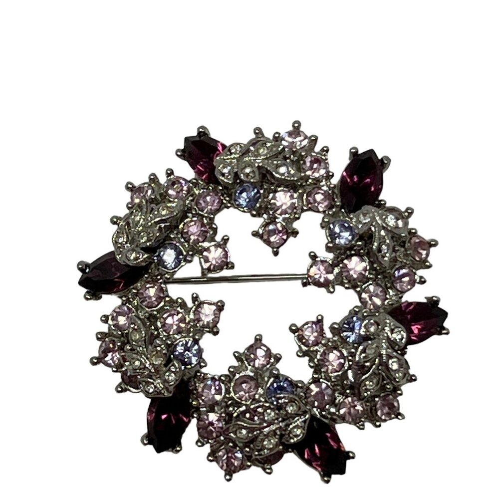 Vintage Brooch Round Wreath Purple Pink Clear Rhinestones Silver‎ Tone Pin